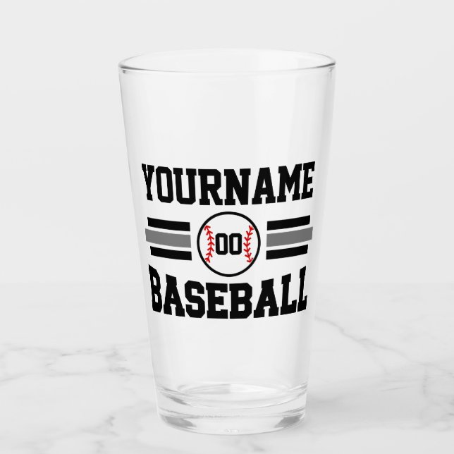Personalized Retro Baseball Player NAME Team Glass (Front)