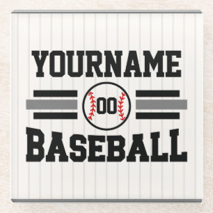 Personalized Retro Baseball Player NAME Team Glass Coaster