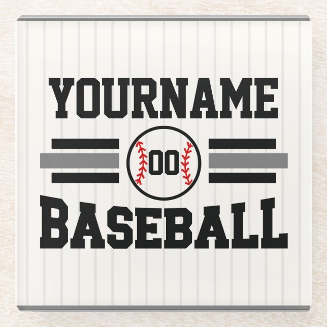 Personalized Retro Baseball Player NAME Team Glass Coaster (Front)