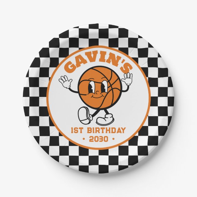 Personalized Retro Basketball Birthday Party Cute Paper Plates (Front)