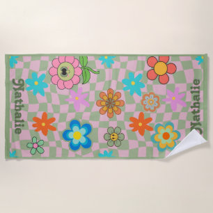 Personalized Retro Beach Towel   Floral Name Gift 