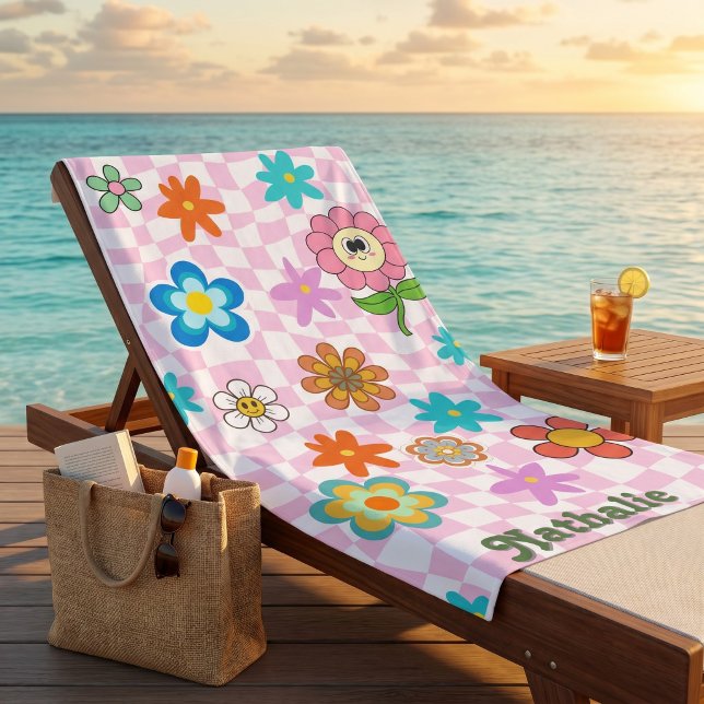 Personalized Retro Beach Towel | Floral Name Gift  (Personalized Pink Retro Beach Towel | Floral Name Gift)