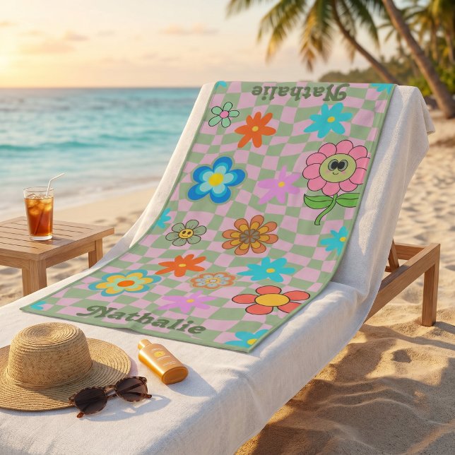 Personalized Retro Beach Towel | Floral Name Gift  (Personalized Retro Beach Towel | Floral Name Gift)