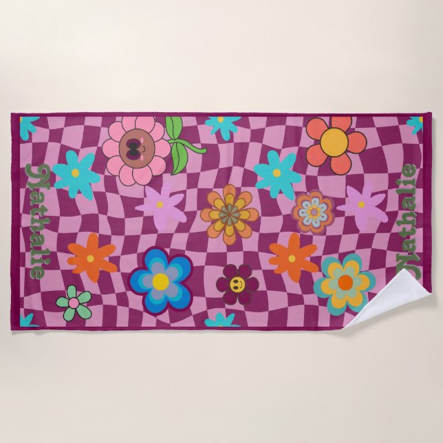 Personalized Retro Beach Towel | Floral Name Gift  (Front)