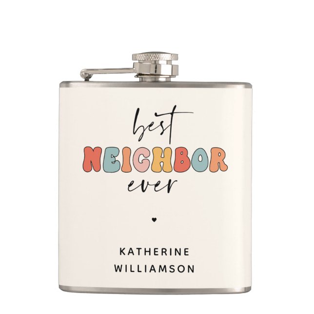 Personalized Retro Best Neighbor Ever Cute Flask (Front)
