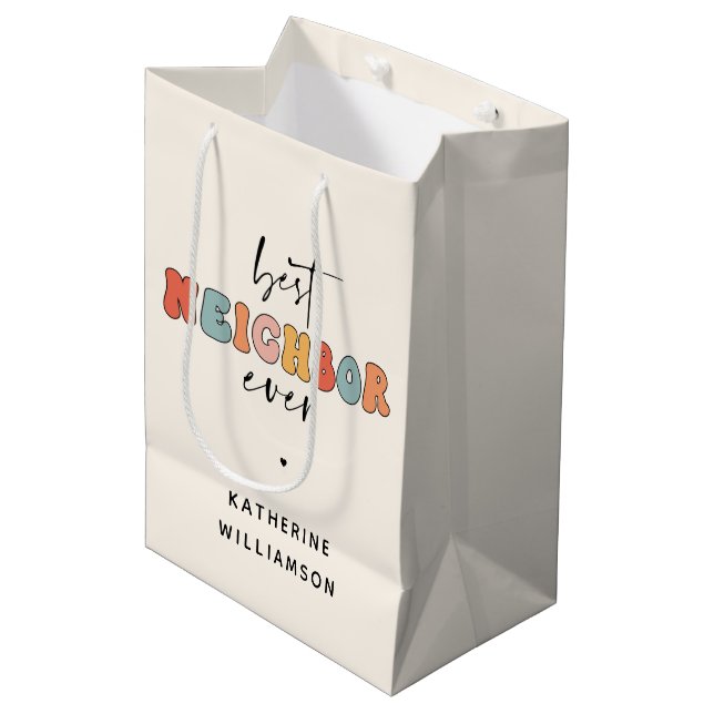 Personalized Retro Best Neighbor Ever Cute Medium Gift Bag (Front Angled)