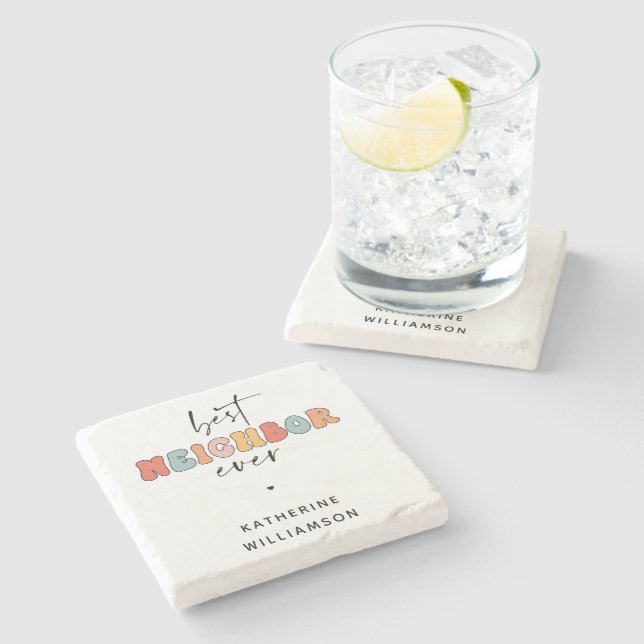 Personalized Retro Best Neighbor Ever Cute Stone Coaster (Side)