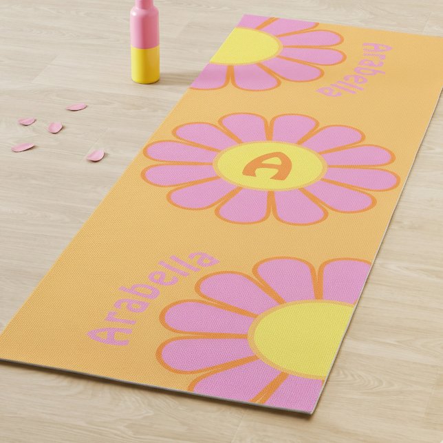 Personalized Retro Big Daisy Initial & Name Orange Yoga Mat (Personalized retro daisy yoga mat in pink orange and yellow. )