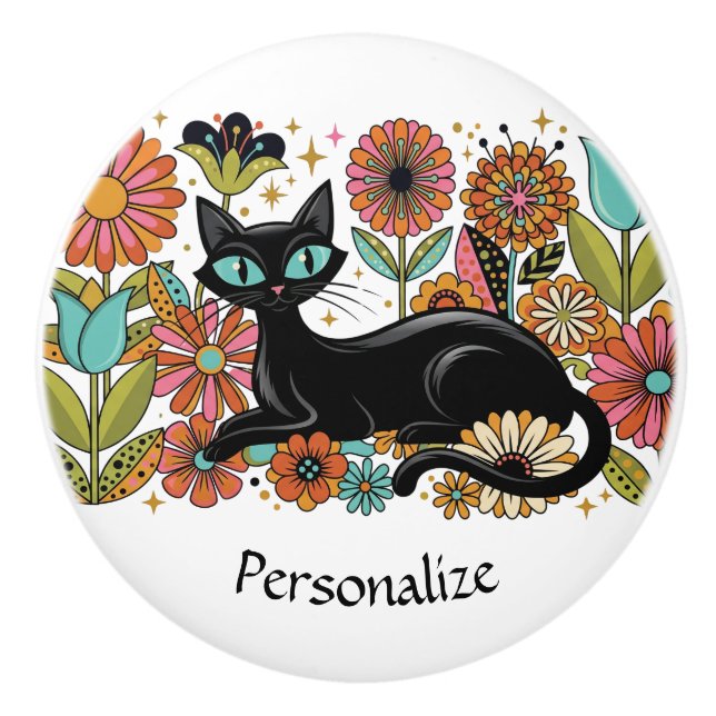Personalized Retro Black Cat Floral Accent Ceramic Knob (Front)
