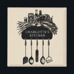 Personalized Retro Black Cream Kitchen  Magnet<br><div class="desc">A personalized kitchen fridge magnet featuring a retro style utensil rack illustration with cooking utensils and an array of fresh food on the top,  against a cream faux linen background. A cute kitchen magnet gift. Perfect gift for the avid cook,  and a great choice for Mother's Day.</div>