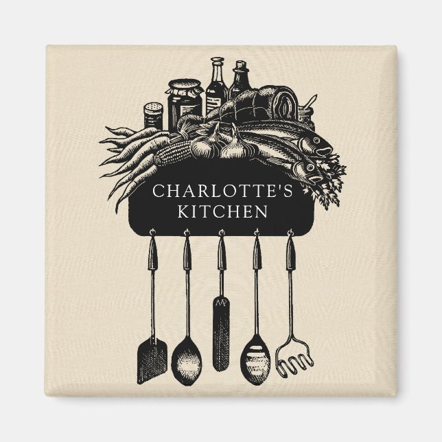 Personalized Retro Black Cream Kitchen  Magnet (Front)