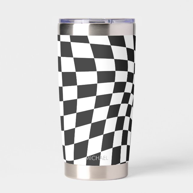 Personalized Retro Black White Wavy Checkered Insulated Tumbler (Front)