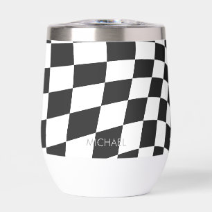 Personalized Retro Black White Wavy Checkered Thermal Wine Tumbler