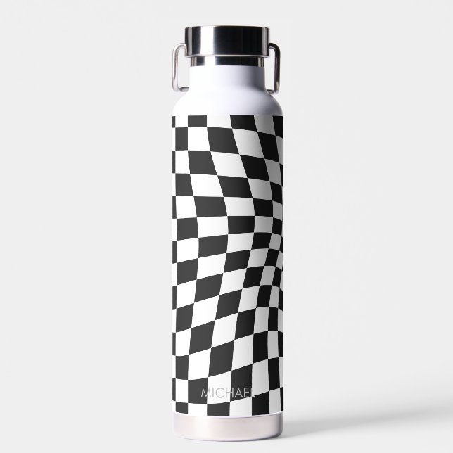 Personalized Retro Black White Wavy Checkered Water Bottle (Front)