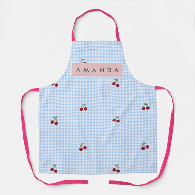 Personalized Retro Blue Gingham Cherry Print  Apron (Front)