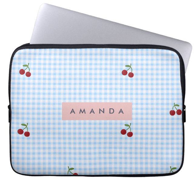 Personalized Retro Blue Gingham Cherry Print  Laptop Sleeve (Front)