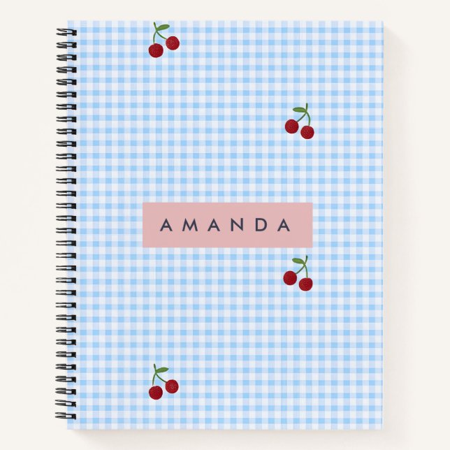 Personalized Retro Blue Gingham Cherry Print  Notebook (Front)