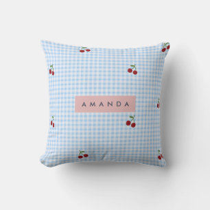 Personalized Retro Blue Gingham Cherry Print Throw Pillow