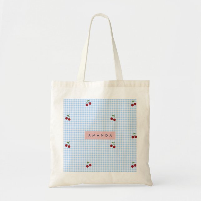 Personalized Retro Blue Gingham Cherry Print  Tote Bag (Front)