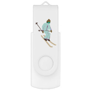 Personalized Retro Blue Skier Skiing Ski   Flash Drive