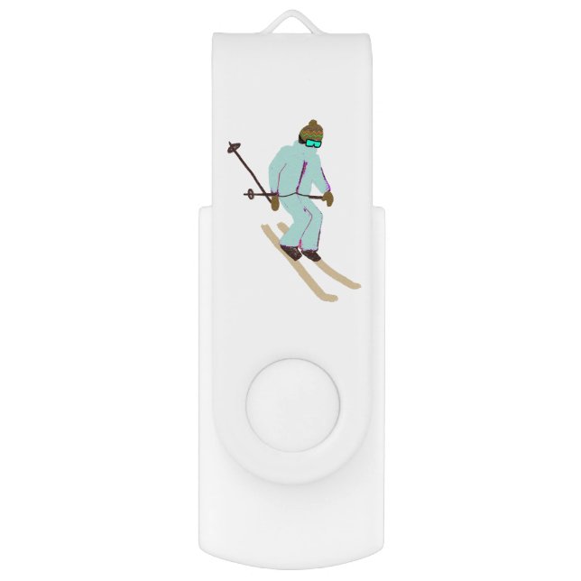 Personalized Retro Blue Skier Skiing Ski   Flash Drive (Front Vertical)