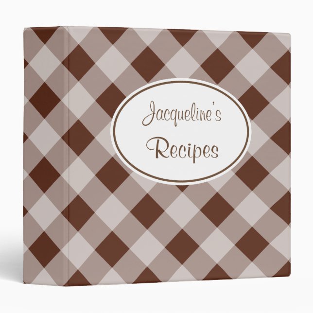 Personalized Retro Brown Gingham Recipe Binder (Front/Spine)
