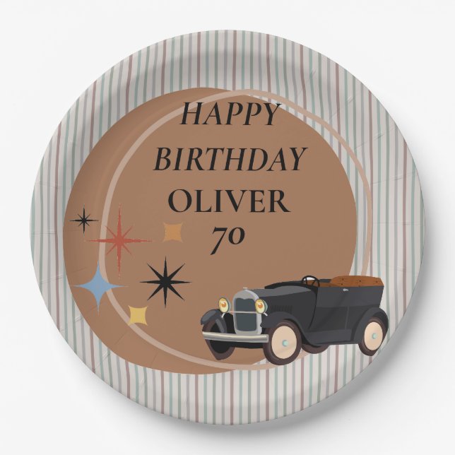Personalized Retro Car Birthday Party Paper Plate (Front)