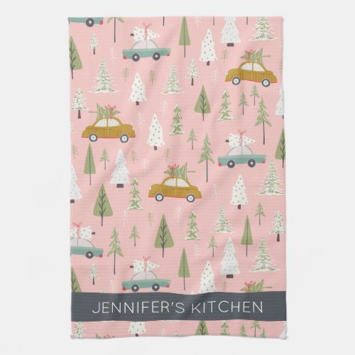 Personalized Retro Cars Pink Christmas Woodland Kitchen Towel