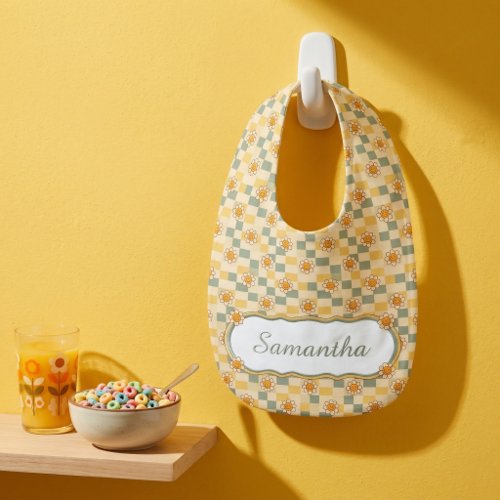 Personalized Retro Checkered Smiley Daisy Baby Bib