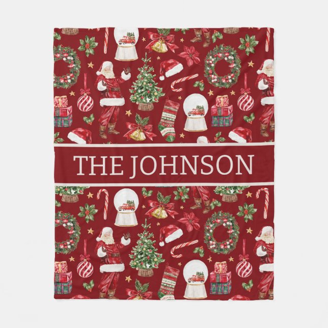 Personalized Retro Christmas Santa Fleece Blanket (Front)