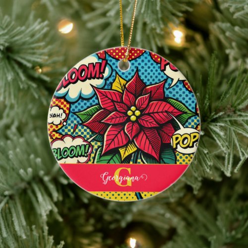 Personalized Retro Comic Book Pop Art Poinsettia Ceramic Ornament