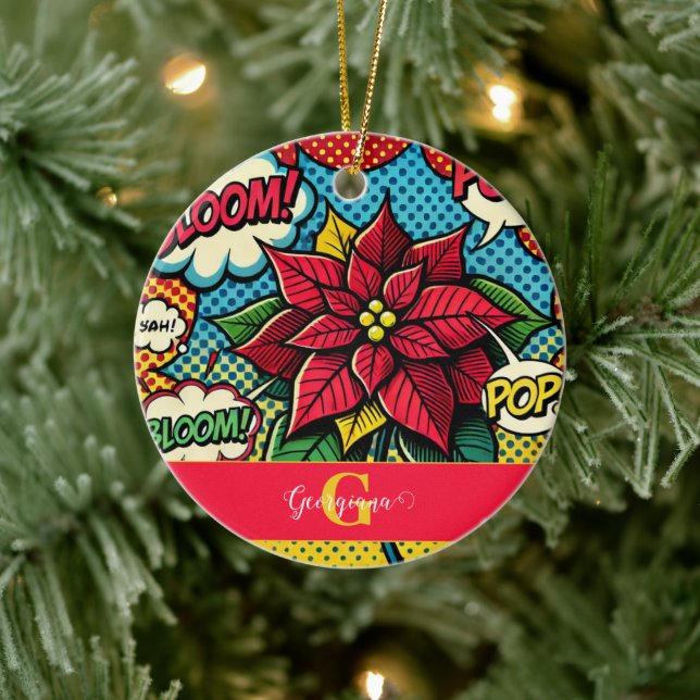 Personalized Retro Comic Book Pop Art Poinsettia Ceramic Ornament (Tree)
