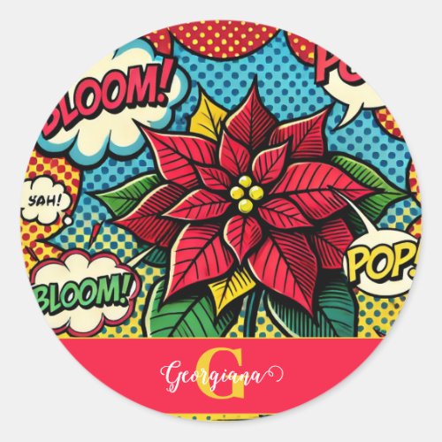 Personalized Retro Comic Book Pop Art Poinsettia Classic Round Sticker