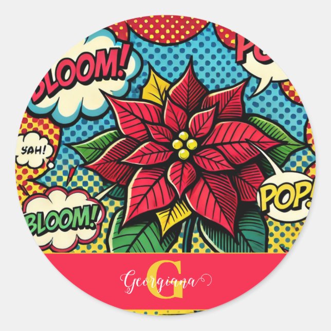 Personalized Retro Comic Book Pop Art Poinsettia Classic Round Sticker (Front)