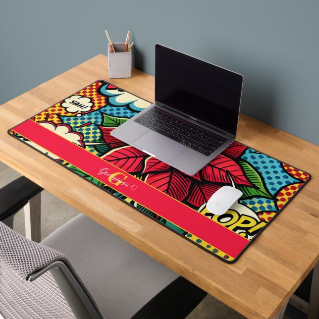 Personalized Retro Comic Book Pop Art Poinsettia Desk Mat (Office 2)