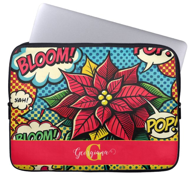 Personalized Retro Comic Book Pop Art Poinsettia Laptop Sleeve (Front)