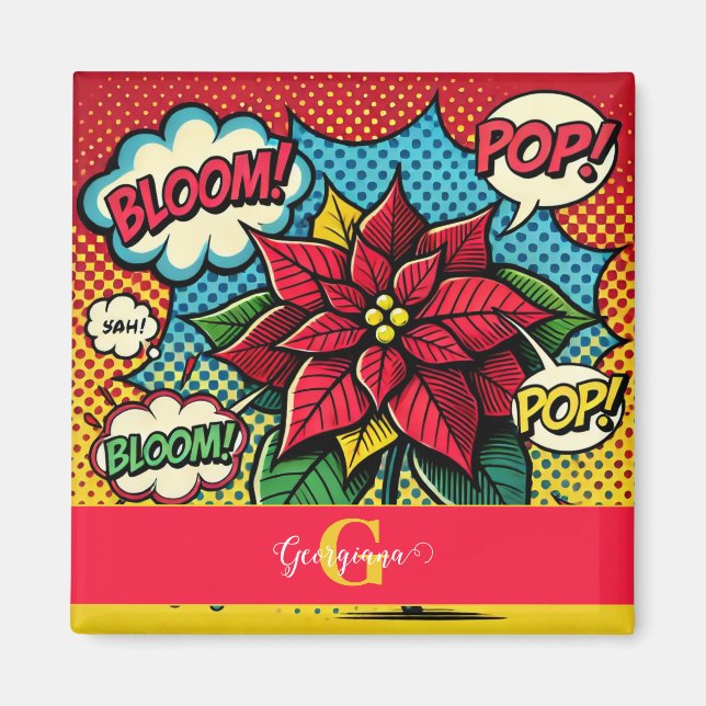 Personalized Retro Comic Book Pop Art Poinsettia Magnet (Front)