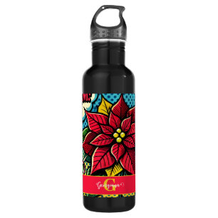 Personalized Retro Comic Book Pop Art Poinsettia Stainless Steel Water Bottle