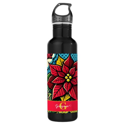 Personalized Retro Comic Book Pop Art Poinsettia Stainless Steel Water Bottle