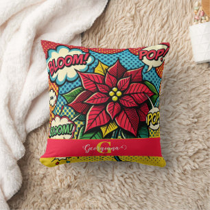 Personalized Retro Comic Book Pop Art Poinsettia Throw Pillow