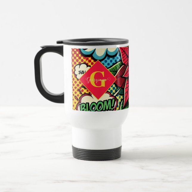 Personalized Retro Comic Book Pop Art Poinsettia Travel Mug (Left)