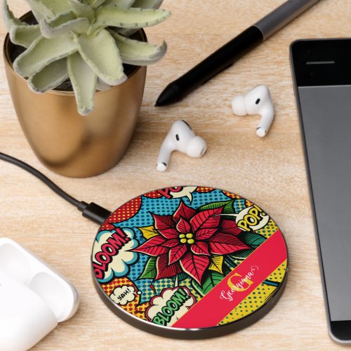 Personalized Retro Comic Book Pop Art Poinsettia Wireless Charger