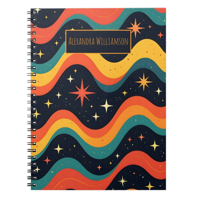 Personalized Retro Cosmic Waves Notebook (Front)