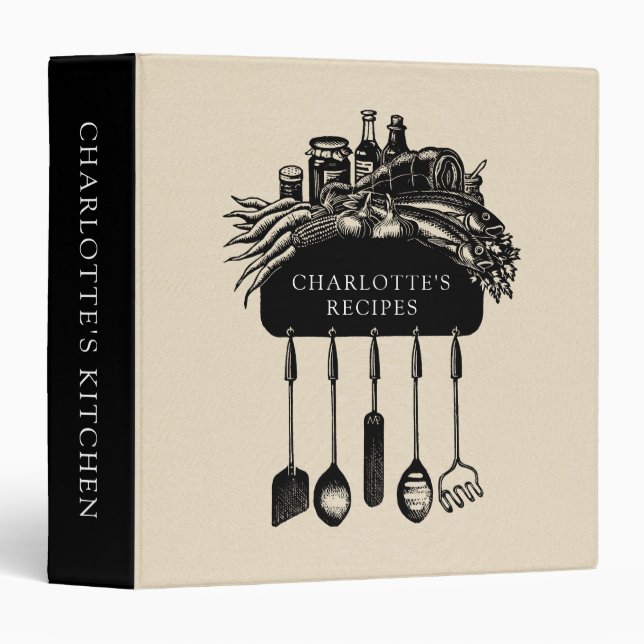 Personalized Retro Cream Black Recipe 3 Ring Binde 3 Ring Binder (Front/Spine)