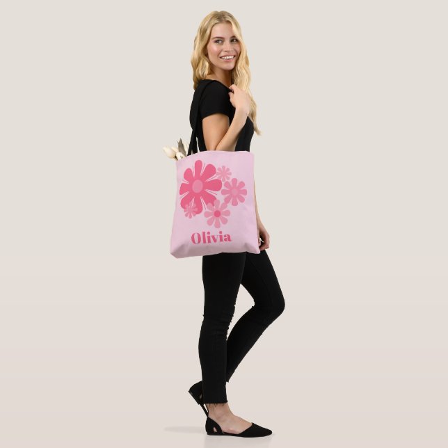 Personalized Retro Cute Pink Flowers Tote Bag (On Model)