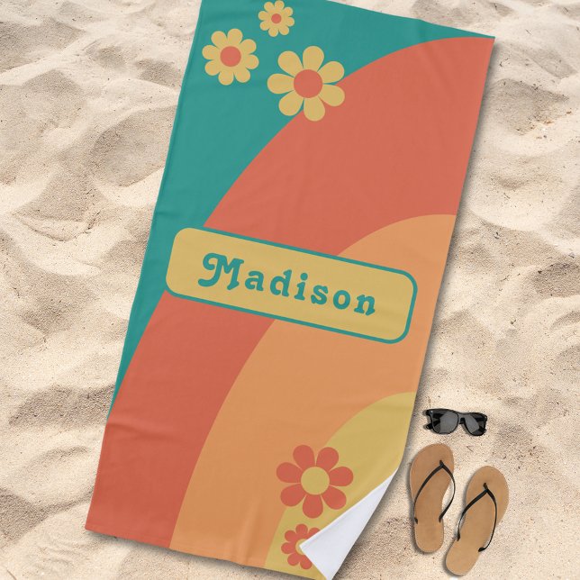 Personalized Retro Daisy Arch Groovy Beach Towel (Retro daisy arch groovy typography orange green yellow custom name beach towel)