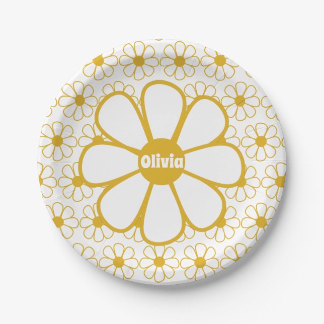 Personalized Retro Daisy Floral Pattern Paper Plates (Front)