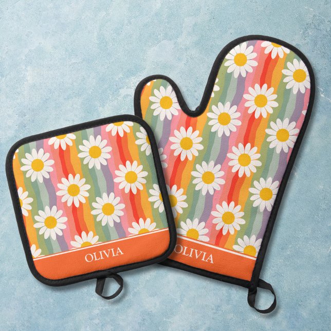 Personalized Retro Daisy Oven Mitt & Pot Holder Set (Creator Uploaded)