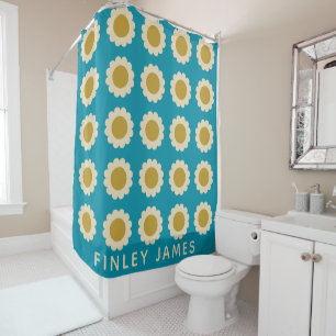 Personalized Retro Daisy Pattern Vibrant Teal Blue Shower Curtain