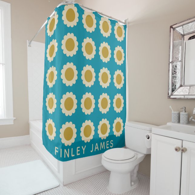 Personalized Retro Daisy Pattern Vibrant Teal Blue Shower Curtain (In Situ)